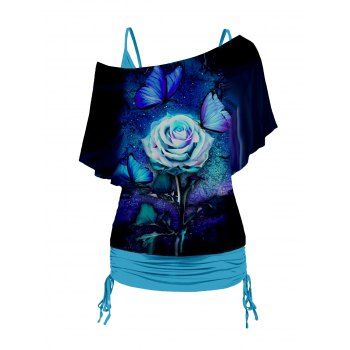 

Plus Size Rose and Butterfly Print Skew Neck T Shirt and Cinched Ruched Long Camisole Set, Deep blue