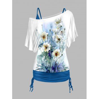 

Plus Size Flower Print Oblique Shoulder T Shirt and Cinched Ruched Long Camisole Outfit, Blue