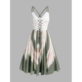 

Fairycore Lace Up Tie Dye Print Midi Cami Dress Spaghetti Strap V Neck High Waist Dress, White