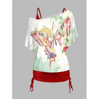 

Plus Size Butterfly Print Oblique Shoulder T Shirt and Cinched Ruched Long Camisole Casual Outfit, Red