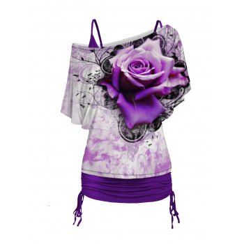 

Plus Size Rose Print Oblique Shoulder T Shirt and Cinched Ruched Long Camisole Set, Concord