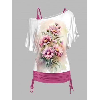 

Plus Size Daisy Print Oblique Shoulder T Shirt and Plain Cinched Ruched Camisole Set, Light pink