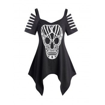 

Skull Pattern Asymmetrical T Shirt Ladder Cutout Sleeve Casual Top, Black