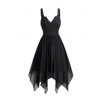 

Lace Up Gothic Dress Plain Color Adjustable Buckle Strap Handkerchief Dress, Black