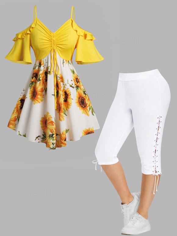 23% OFF] 2024 Plus Size Sunflower Print Cold Shoulder Cinched T Shirt And  Lace Up Eyelet Capri Leggings Summer Outfit In Multicolor A