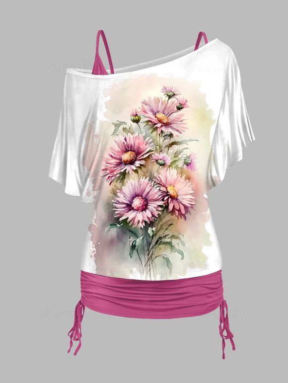 Ensemble de T-shirt à Imprimé Marguerite à Epaule Oblique et de Camisole Simple de Grande Taille - Rose clair 4X