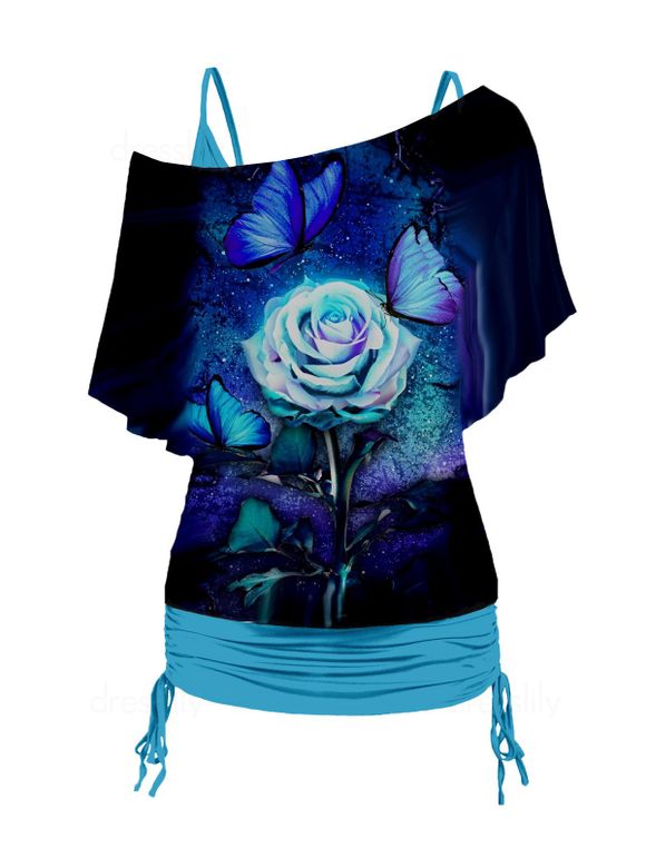 Plus Size Rose and Butterfly Print Skew Neck T Shirt and Cinched Ruched Long Camisole Set - DEEP BLUE 3X