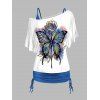 Ensemble Deux Pièces de T-shirt à Imprimé Papillon Fleur et Camisole Cintrée Froncée à Bretelle Fine - Bleu XXL