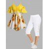 Plus Size Sunflower Print Cold Shoulder Cinched T Shirt and Lace Up Eyelet Capri Leggings Summer Outfit - multicolor A L
