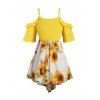 Plus Size Sunflower Print Cold Shoulder Cinched T Shirt and Lace Up Eyelet Capri Leggings Summer Outfit - multicolor A L