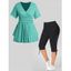Plus Size Heather Surplice Plunging Neck Long T Shirt  and Lace Up Cropped Leggings Casual Outfit - multicolor A L