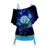Plus Size Rose and Butterfly Print Skew Neck T Shirt and Cinched Ruched Long Camisole Set - DEEP BLUE 3X