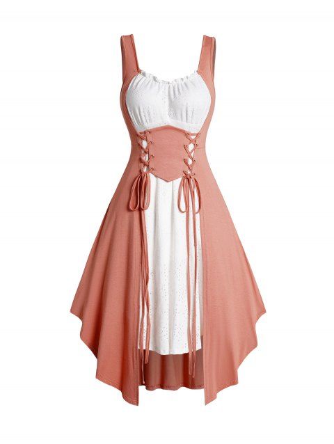 Colorblock Lace Up Asymmetric Faux Twinset Dress Sleeveless Midi 2 In 1 Dress