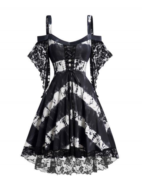 Robe Asymétrique Teintée Imprimée à Epaule Dénudée à Manches Chauve-souris à Lacets
