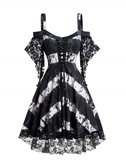 Streak Dye Print Lace Up Dress Cold Shoulder Batwing Sleeve Asymmetrical Dress