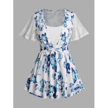 

Plus Size Flower Allover Print Lace Top Short Sleeve Fresh Style Casual Top, Blue