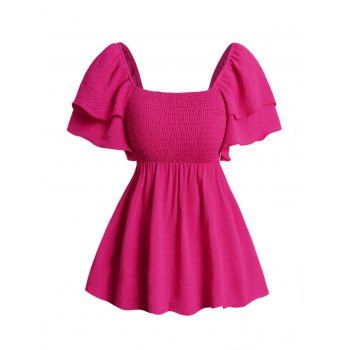 

Smocked Ruffle Blouse Plain Color Square Neck Empire Waist Casual Top, Red