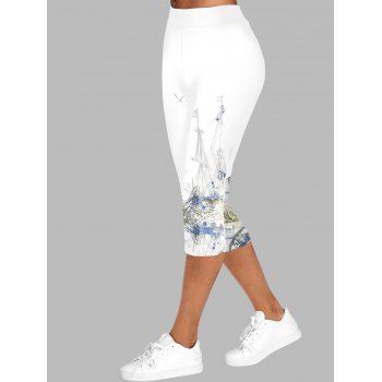 

Sketch Print Capri Leggings Elastic Waist Cropped Casual Leggings, White