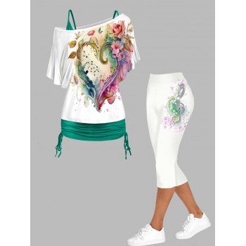 

Music Note Print Shew Neck Cinched Ruched Tops and Elastic Waist Capri Leggings Casual Outfit, Multicolor