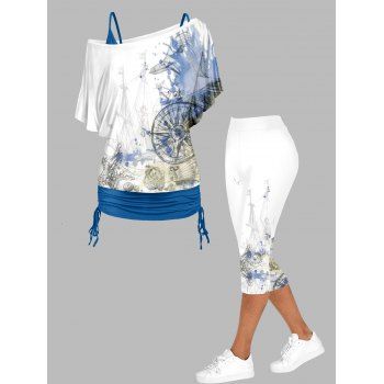 

Nautical Marine Print Skew Collar Cinched Ruched Tops and Elastic Waist Capri Leggings Casual Outfit, Multicolor