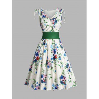 

Floral Print Surplice Dress Cinched Shoulder Sleeveless Casual Midi Dress, White