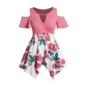 

Plus Size Flower Print T Shirt Cold Shoulder O Ring Handkerchief Casual Top, Light pink
