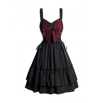 

Bowknot Layered Gothic Dress Ruffles Lace Up Sleeveless A Line Mini Dress, Black