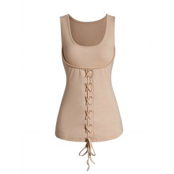 

Lace Up U Neck Tank Top Plain Color Casual Top, Light coffee