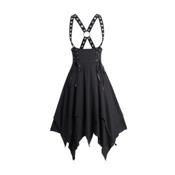 

Grommet Lace Up Suspender Skirt Plain Color O Ring Handkerchief Hem Suspender Skirt, Black