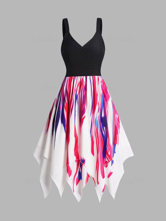 Colorful Print Surplice Dress Handkerchief Hem Casual Midi Dress - BLACK XXL