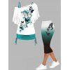 Ensemble de Legging Capri Décontracté Ombré à Taille Elastique et Tops Froncés et Cintrés à Imprimé Papillon - multicolor S
