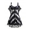 Robe Asymétrique Teintée Imprimée à Epaule Dénudée à Manches Chauve-souris à Lacets - Noir S