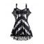 Robe Asymétrique Teintée Imprimée à Epaule Dénudée à Manches Chauve-souris à Lacets - Noir S