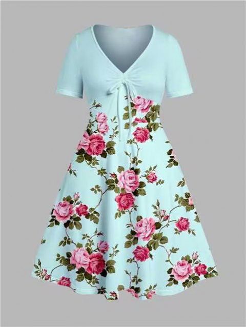 Plus Size & Curve Dress Leaf Rose Print V Neck Tied A Line Midi Dress