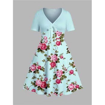 

Plus Size & Curve Dress Leaf Rose Print V Neck Tied A Line Midi Dress, Light green