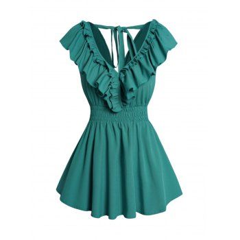 

Ruffles Flounce V Neck Solid Color Tank Top Elastic High Waist Tie Knot Back Tank Top, Deep green