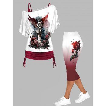 

Rose and Statue Print Skew Neck Cinched Ruched Tops and Ombre Print Capri Leggings Casual Outfit, Multicolor