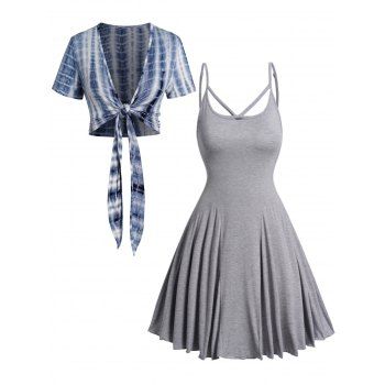 

Tie Dye Tied Open Front Cropped Top and Adjustable Spaghetti Strap Mini Dress Casual Outfit, Multicolor