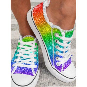 

Sequins Round Toe Lace Up Frayed Raw Hem Shoes, Multicolor a