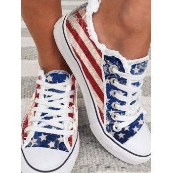 

American Flag Print Lace Up Frayed Raw Hem Canvas Shoes, Multicolor a