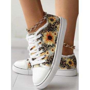 Sunflower Print Round Toe Lace Up Raw Hem Casual Shoes