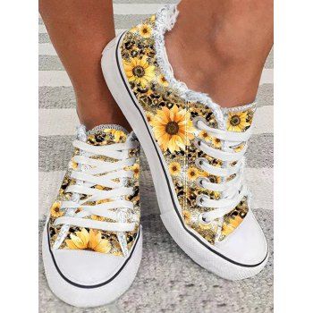 

Sunflower Print Round Toe Lace Up Raw Hem Casual Shoes, Golden brown