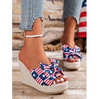 

Star And Stripe Print Bowknot Fish Mouth Slip On Wedge Slippers, Multicolor a