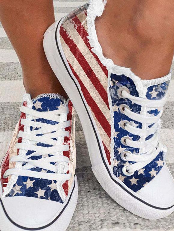 American Flag Print Lace Up Frayed Raw Hem Canvas Shoes - multicolor A EU 43