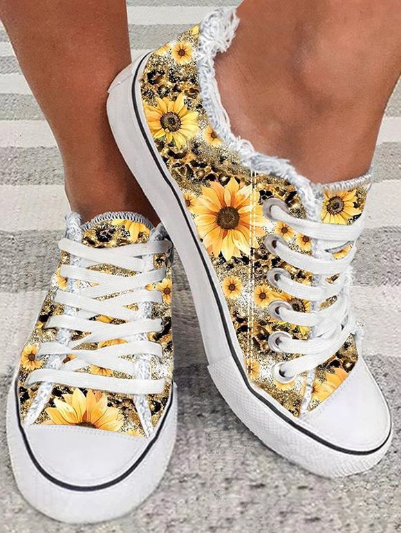 Sunflower Print Round Toe Lace Up Raw Hem Casual Shoes - Brun Doré EU 43