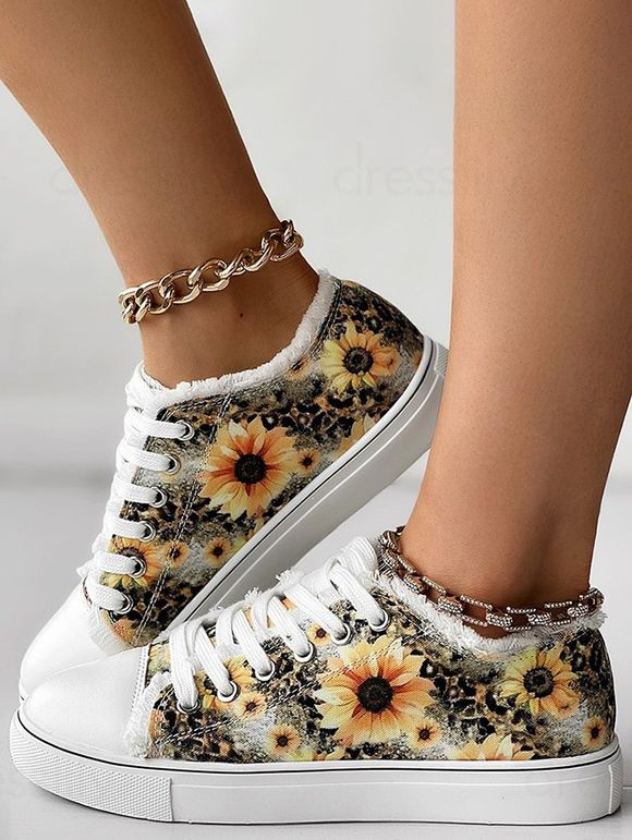 Sunflower Print Round Toe Lace Up Raw Hem Casual Shoes - Brun Doré EU 42