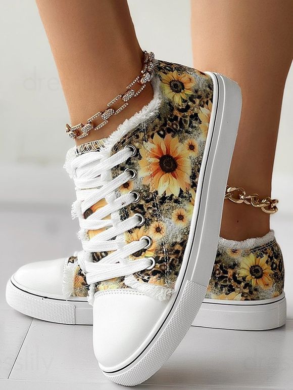 Sunflower Print Round Toe Lace Up Raw Hem Casual Shoes - Brun Doré EU 42