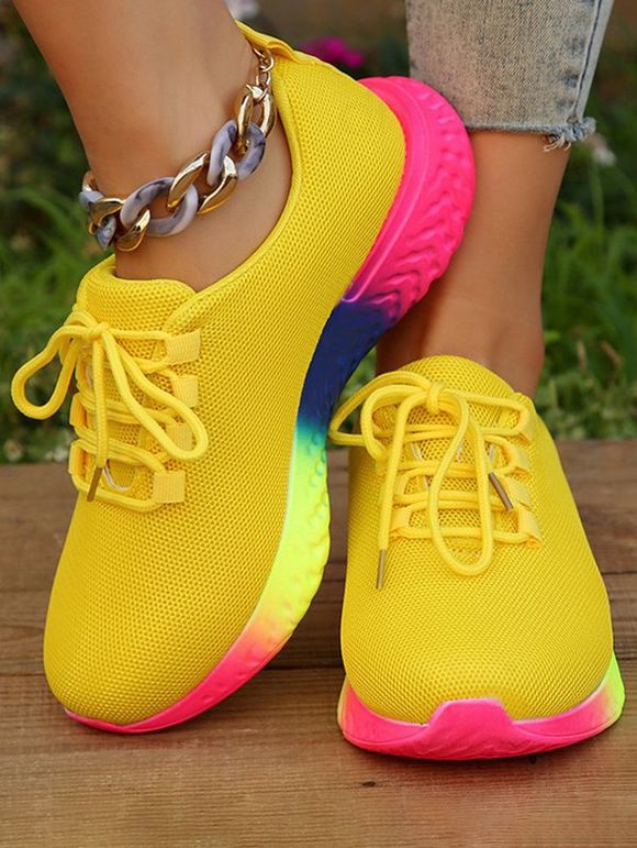Bright Ombre Print Lace Up Breathable Sport Shoes - Jaune EU 41