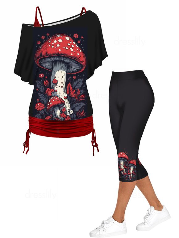 Ensemble de Legging à Taille Elastique et Tops Décontractés Plissés à Imprimé Champignon à Epaule Dénudée - multicolor S