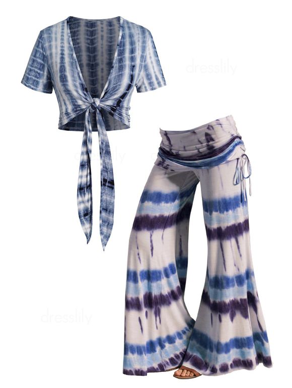 Ensemble de Haut Court Tie-Dye à Devant Ouvert et Pantalon à Taille Élastique à Jambes Larges - multicolor S